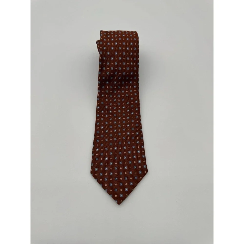 Barneys‎ New York Silk Tie Red Geometric Pattern Blue Gold Squares Made in Italy